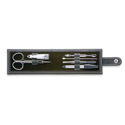 Set manichiura cu 6 scule in husă din piele neagră cu unelte metalice argintii pentru îngrijirea unghiilor