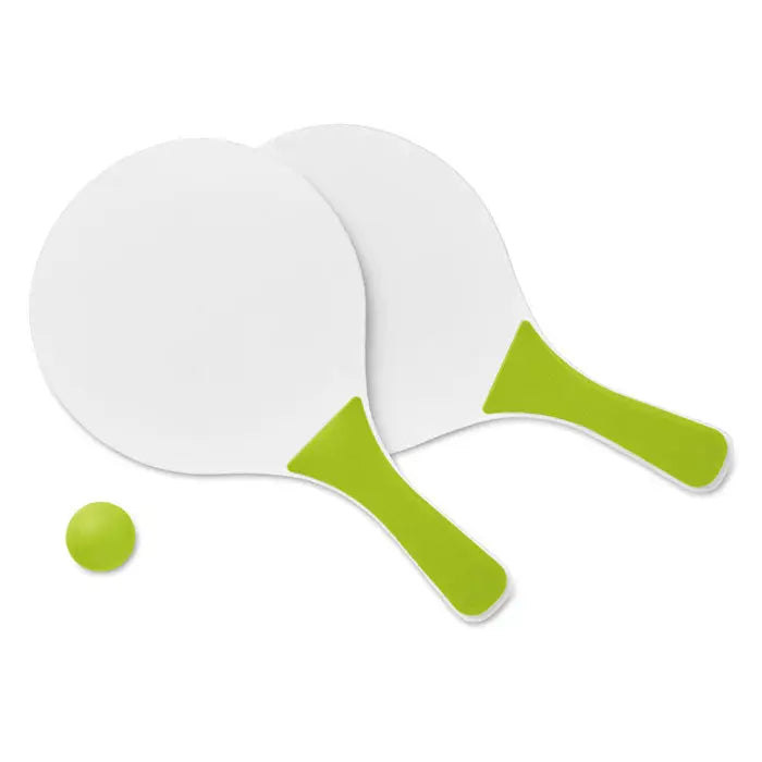 Set mic de tenis de plaja alb si verde lime cu palete usoare si minge asortata