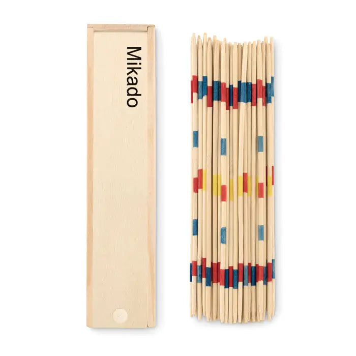 Set mikado cu bețișoare din lemn decorate cu modele geometrice colorate roșu albastru și galben