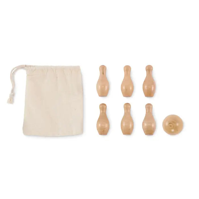 Set mini bowling din lemn de pin cu sase popice si bila deschise la culoare cu saculet crem de depozitare