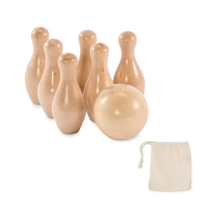 Set mini bowling din lemn de pin cu sase popice si bila deschisa la culoare cu saculet de depozitare