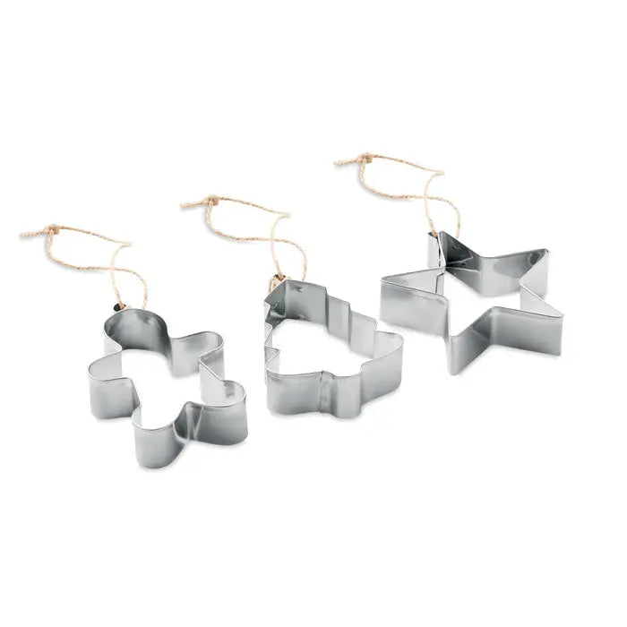 Set taietor de biscuiti metalici argintii in forme de om de turta dulce, brad si stea pentru ornamente de craciun