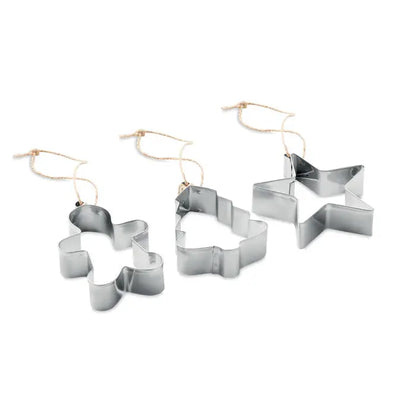 Set taietor de biscuiti metalici argintii in forme de om de turta dulce, brad si stea pentru ornamente de craciun