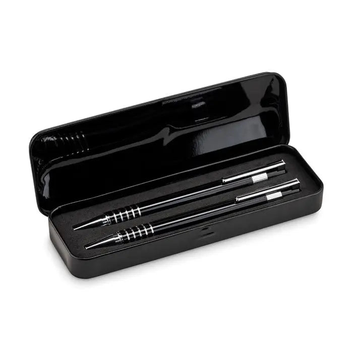 Set pix in cutie metalica cu creioane mecanice negre si argintii cu grip texturat si etui negru elegant