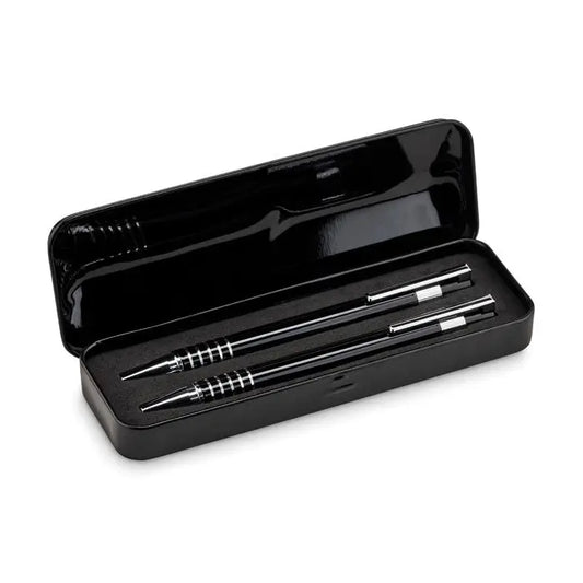 Set pix in cutie metalica cu creioane mecanice negre si argintii cu grip texturat si etui negru elegant