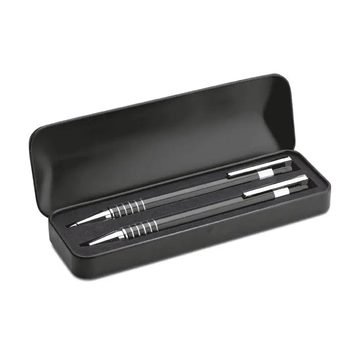 Set pix in cutie metalica cu creioane negre metalice cu accente argintii si grip texturat în carcasa dreptunghiulara eleganta