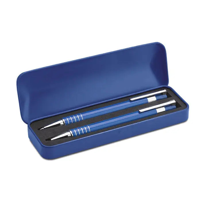 Set pix in cutie metalica cu stilou albastru metalic si etui asortat din metal
