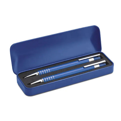 Set pix in cutie metalica cu stilou albastru metalic si etui asortat din metal
