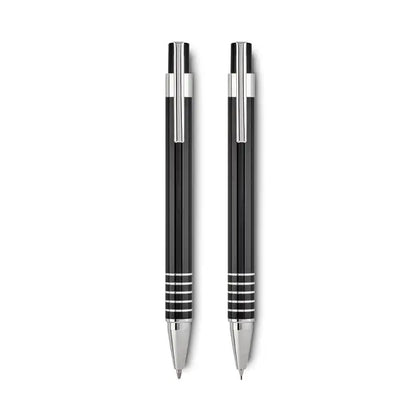 Set pix in cutie metalica cu doua pixuri negre elegante cu accente argintii si maner cu dungi