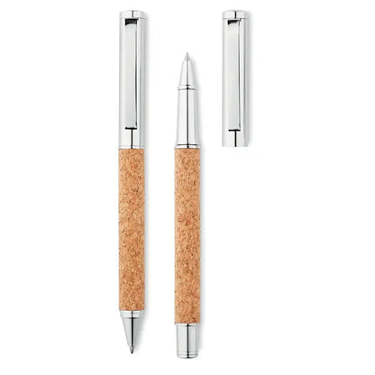 Stilou rollerball argintiu din metal in set pix metalic in cutie de pluta cu design modern si elegant