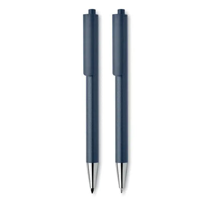 Set pixuri din aluminiu reciclat cu doua pixuri albastre elegante din plastic cu varf si capac metalic argintiu