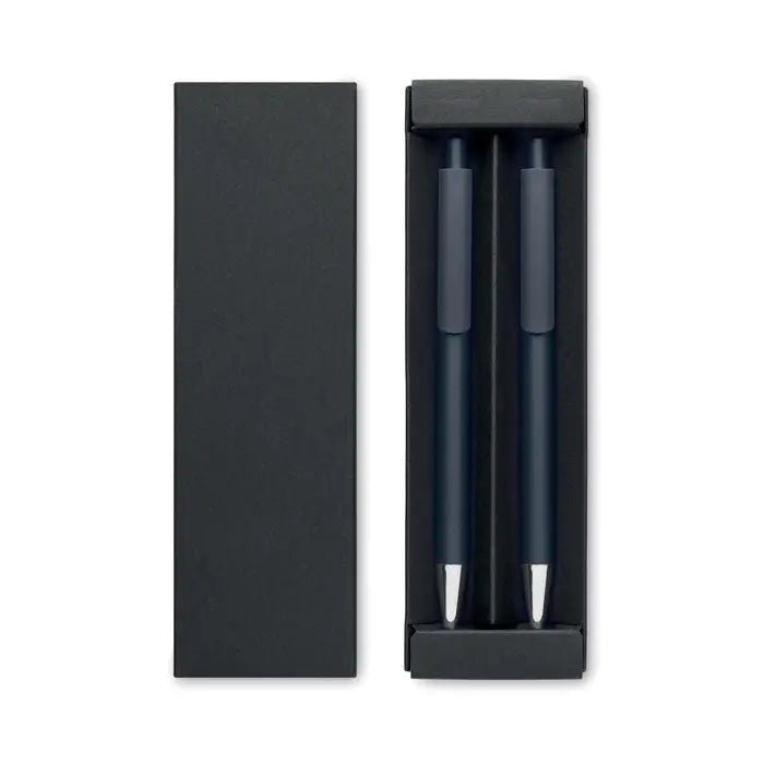 Set pixuri din aluminiu reciclat cu doua pixuri albastre elegante cu varf argintiu, aranjate intr-o cutie neagra minimalista