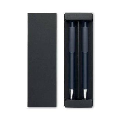 Set pixuri din aluminiu reciclat cu doua pixuri albastre elegante cu varf argintiu, aranjate intr-o cutie neagra minimalista