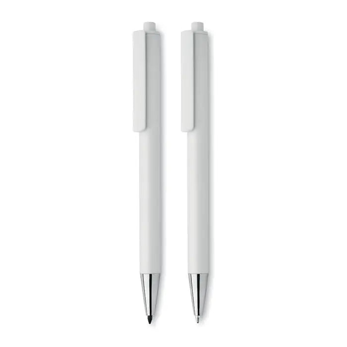 Set pixuri din aluminiu reciclat cu doua pixuri albe din plastic cu varfuri metalice argintii si capace asortate
