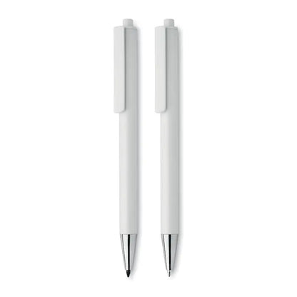Set pixuri din aluminiu reciclat cu doua pixuri albe din plastic cu varfuri metalice argintii si capace asortate