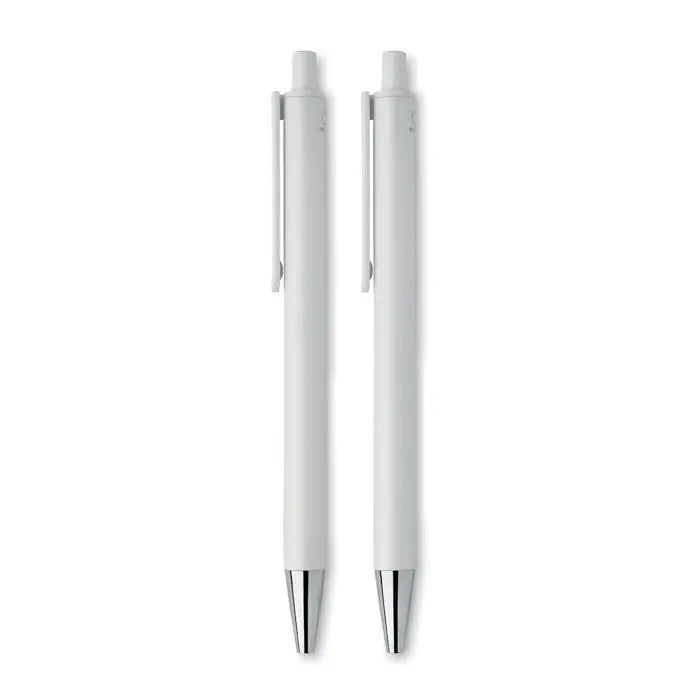 Set pixuri din aluminiu reciclat cu doua pixuri albe minimaliste cu varfuri metalice argintii elegante