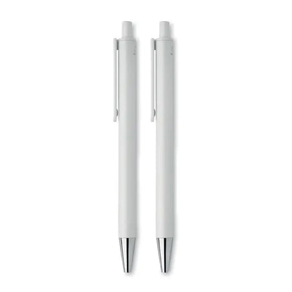 Set pixuri din aluminiu reciclat cu doua pixuri albe minimaliste cu varfuri metalice argintii elegante