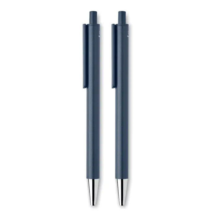 Set pixuri din aluminiu reciclat cu doua pixuri albastre inchis elegante si varfuri metalice argintii