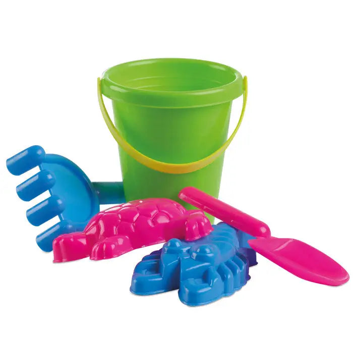 Set plaja pentru copii cu galeata de plastic verde deschis si maner galben pentru joaca la malul marii