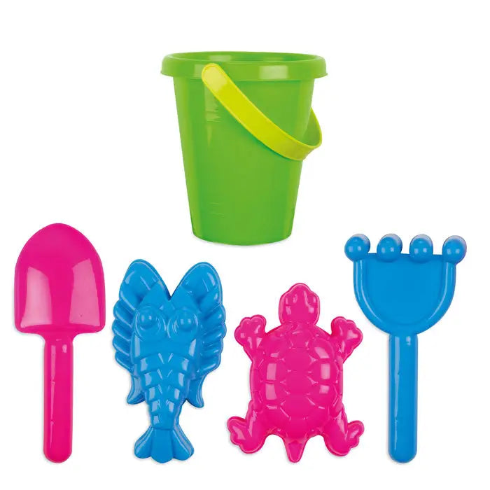 Set plaja pentru copii cu galeata de plastic verde fosforescent si maner galben contrastant