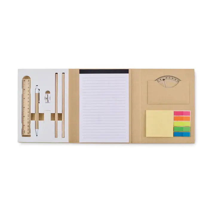 Set stationery cu bloc de note din hartie kraft cu creioane lemn, pix, rigla si notite colorate pentru birou