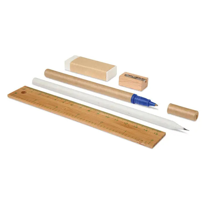 Bambus rigla cu marcaje de masurare verzi si finisaj natural din lemn in set stationery in husa de bumbac