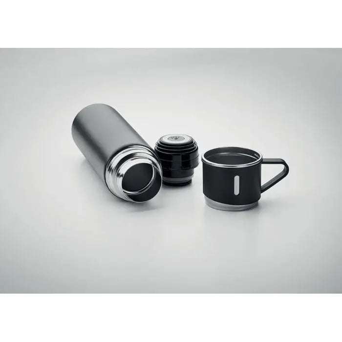 Set sticle si pahare cu perete dublu cu termos de calatorie negru izolant cu accente argintii si design modern si elegant