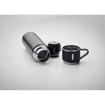 Set sticle si pahare cu perete dublu cu termos de calatorie negru izolant cu accente argintii si design modern si elegant
