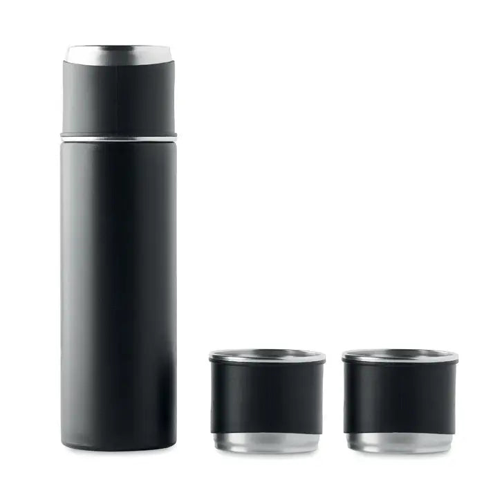 Set sticle si pahare cu perete dublu din inox negru cu capac si baza argintie si doua pahare asortate negre