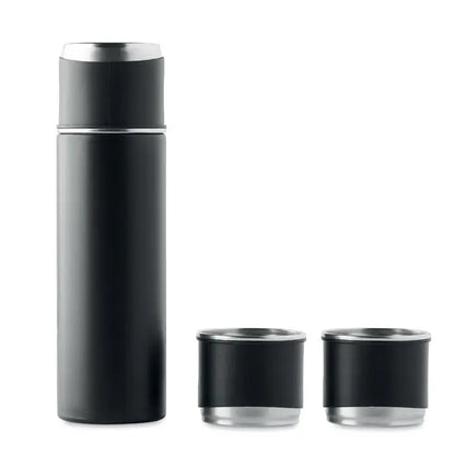 Set sticle si pahare cu perete dublu din inox negru cu capac si baza argintie si doua pahare asortate negre