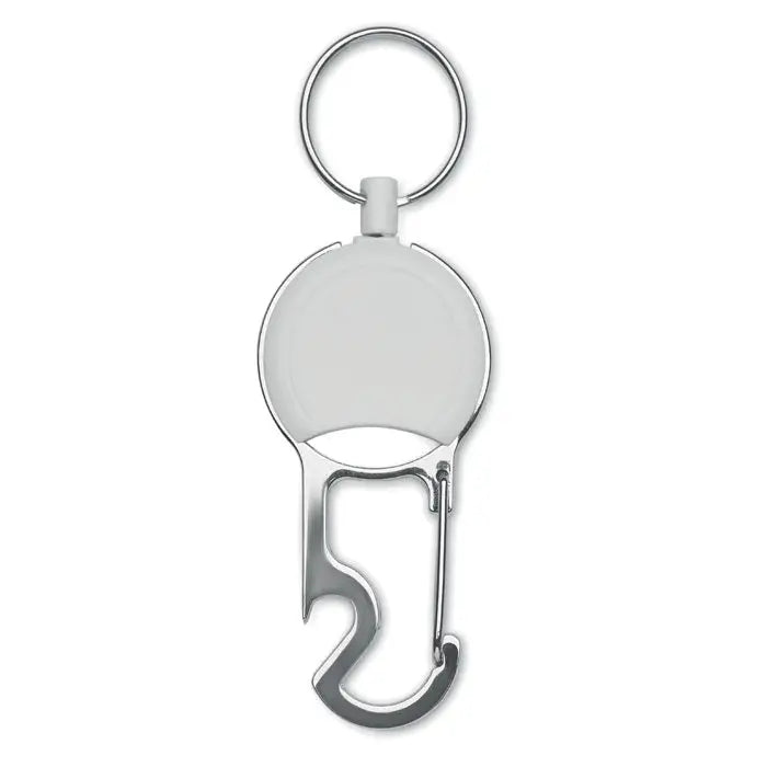 Set suport retractabil pentru insigna argintiu cu design circular si deschizator de sticle integrat din metal