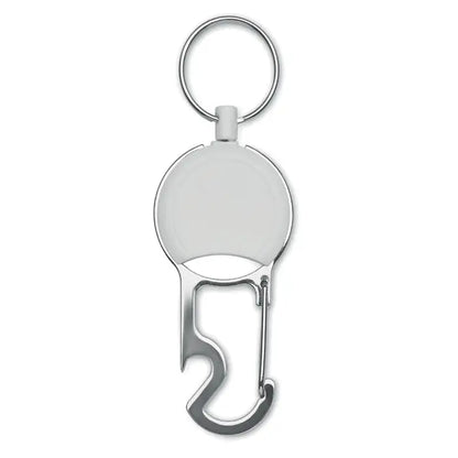 Set suport retractabil pentru insigna argintiu cu design circular si deschizator de sticle integrat din metal