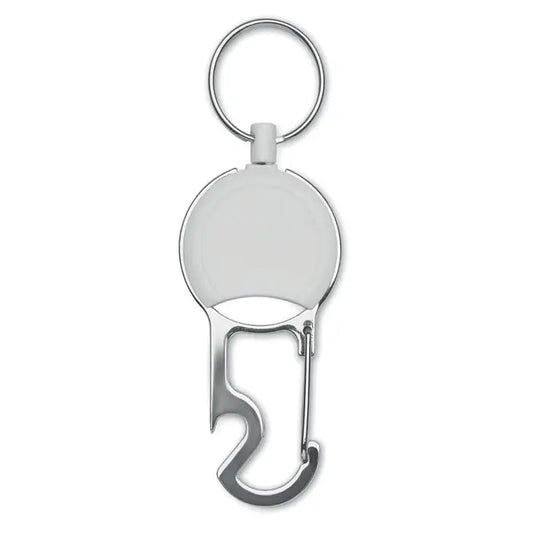 Set suport retractabil pentru insigna argintiu cu design circular si deschizator de sticle integrat din metal