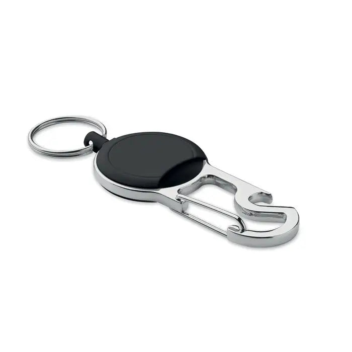 Set suport retractabil pentru insigna cu carabiniera argintie, snur retractabil negru si deschizator de sticle integrat