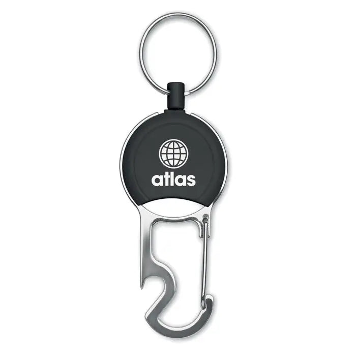Suport retractabil pentru insigna negru si argintiu atlas cu breloc si deschizator de sticle integrat