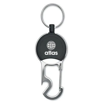 Suport retractabil pentru insigna negru si argintiu atlas cu breloc si deschizator de sticle integrat