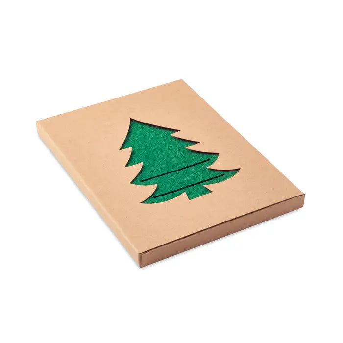 Set suport tacamuri din fetru rpet cu cutout brad de craciun verde sclipici pe cutie patrată maro deschis