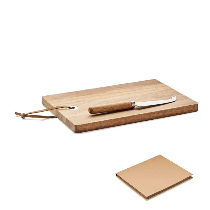 Set tabla de branza din lemn de salcam dreptunghiulara cu finisaj natural si cutit asortat cu maner de lemn