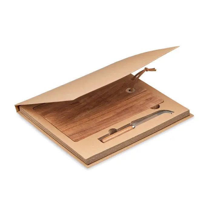 Set tabla de branza din lemn de salcam cu cutit asortat, prezentate intr-o cutie minimalista din carton