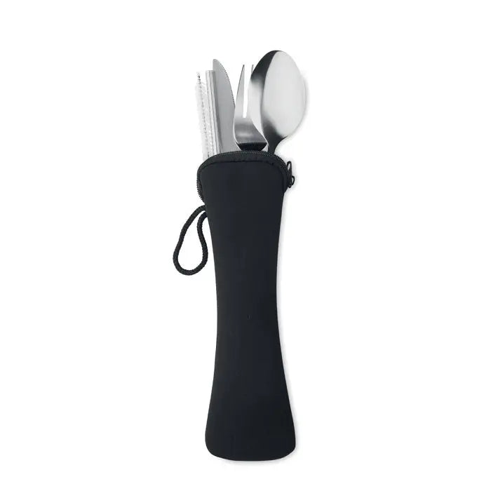 Set tacamuri din otel inoxidabil in husa neagra din neopren pentru portabilitate si protectie usoara