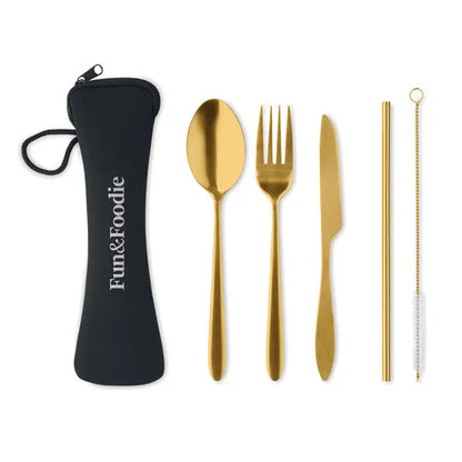 Set tacamuri din otel inoxidabil aurii cu husa neagra cu fermoar pentru calatorii