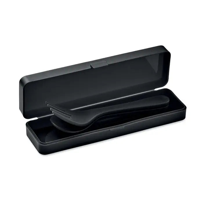 Set tacamuri pp cu furculiță și lingură negre din plastic pp într-o cutie dreptunghiulară neagră asortată