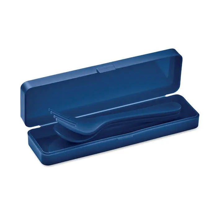 Set tacamuri pp albastru din plastic în husă asortată pentru călătorii compacte și ușoare