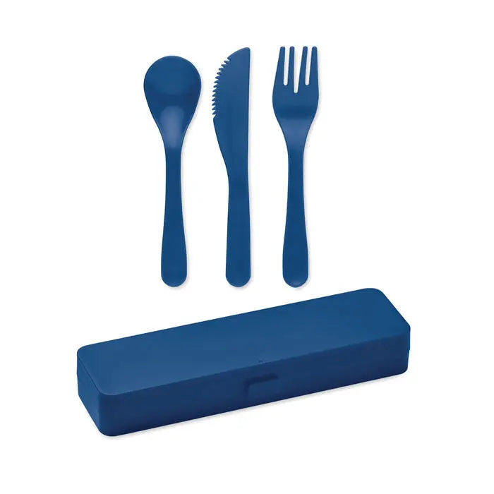 Set tacamuri pp albastru din plastic cu lingura, cuțit și furculiță în etui dreptunghiular pentru călătorii