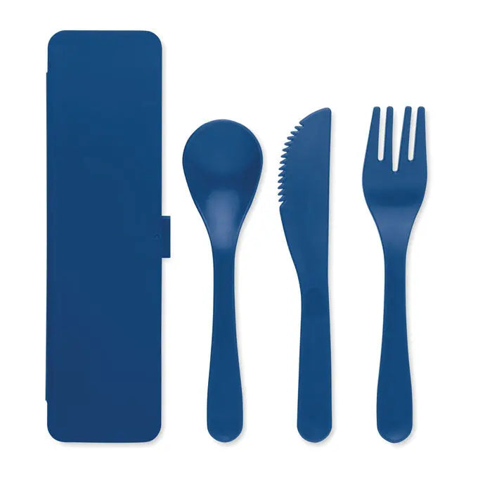 Set tacamuri pp cu tacamuri de plastic albastre pentru călătorii în husă asortată din plastic reciclat