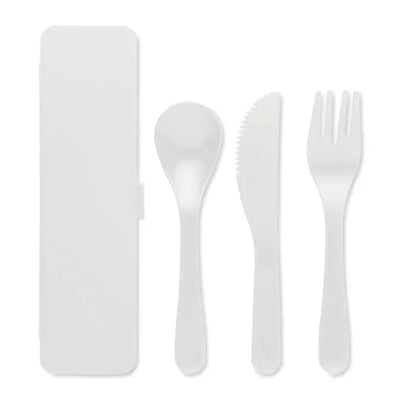 Set tacamuri pp alb din plastic cu lingura, cutit si furculita intr-o caseta asortata pentru uz portabil