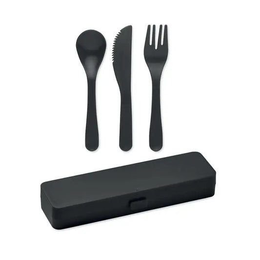 Set tacamuri pp cu tacâmuri negre din plastic în carcasă dreptunghiulară elegantă