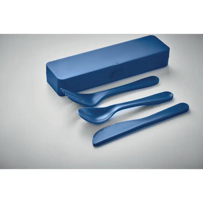 Set tacamuri pp albastru din plastic cu furculiță lingură și cuțit într-o carcasă dreptunghiulară asortată