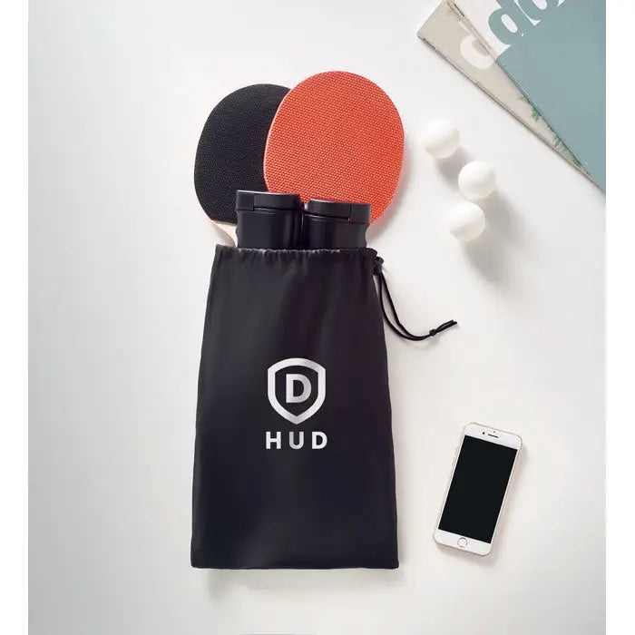 Sac de depozitare negru cu snur si logo alb hud pentru set tenis de masa