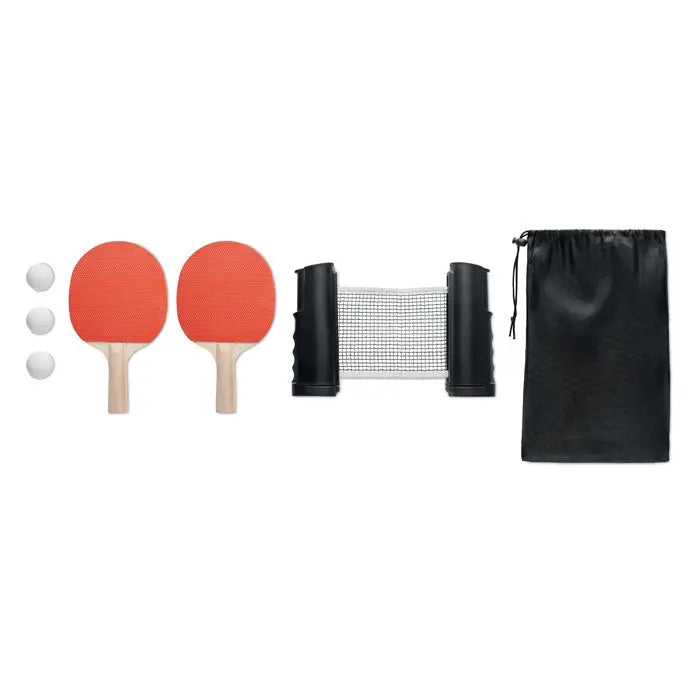 Set tenis de masa cu doua palete portocalii din lemn, trei mingi albe, plasa pliabila si sac de depozitare negru